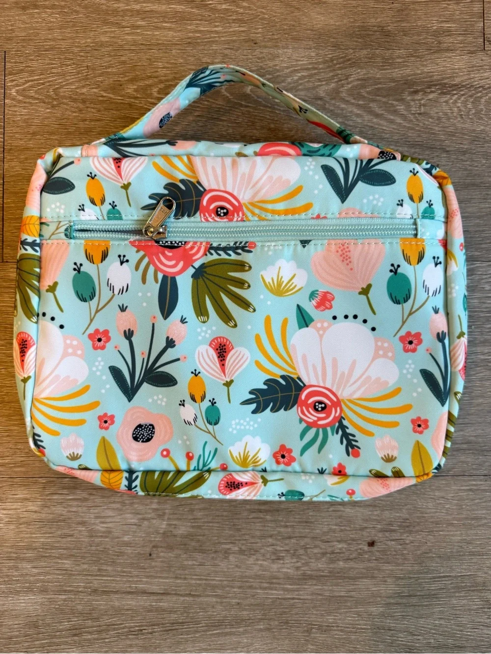 Mint Floral Cosmetic Bag with Carry Handle